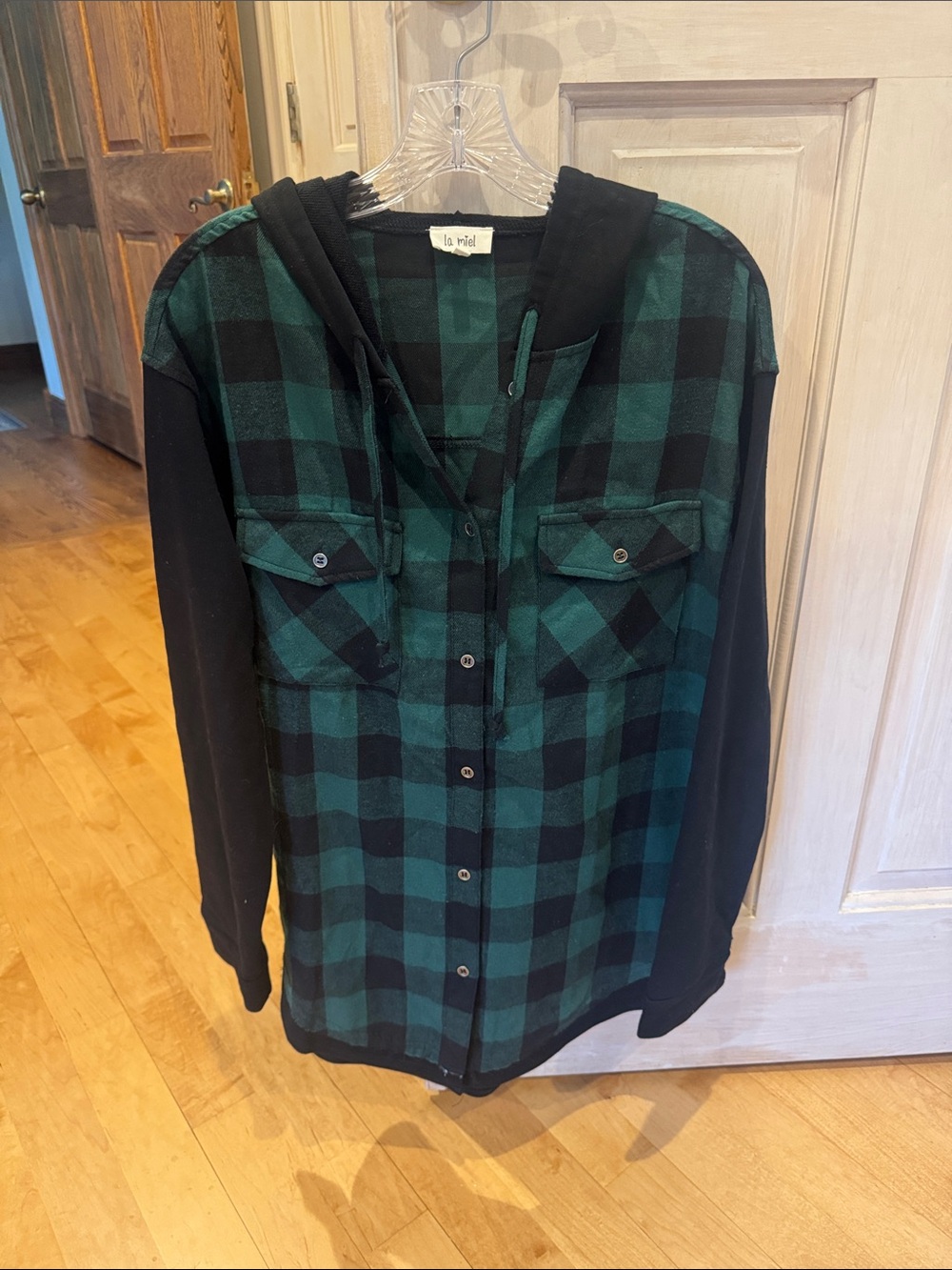 LA MIEL Green & Black Plaid Hooded Utility Jacket
